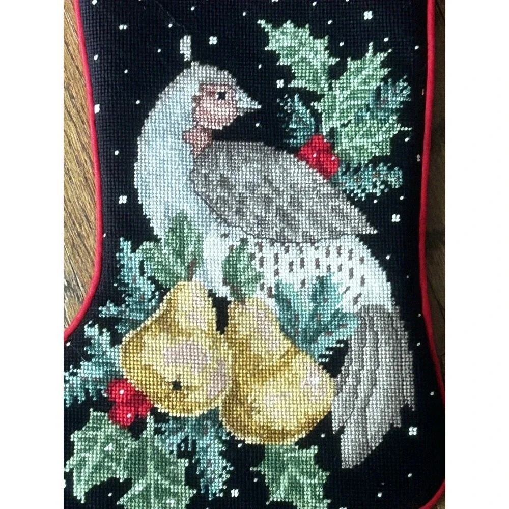 Needlepoint Stocking Noel Partridge in a Pear Tree Bird Christmas Holidays